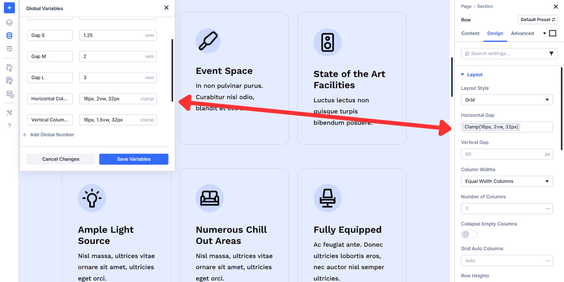 A screenshot of the horizontal gap option with design variables being used