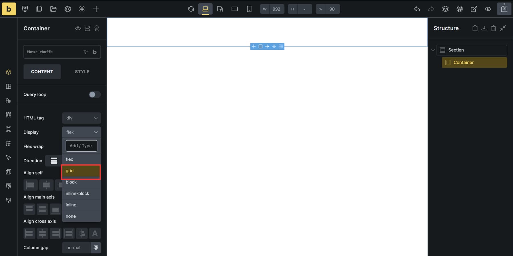 A screenshot of the how to convert an existing container to grid in Bricks Builder
