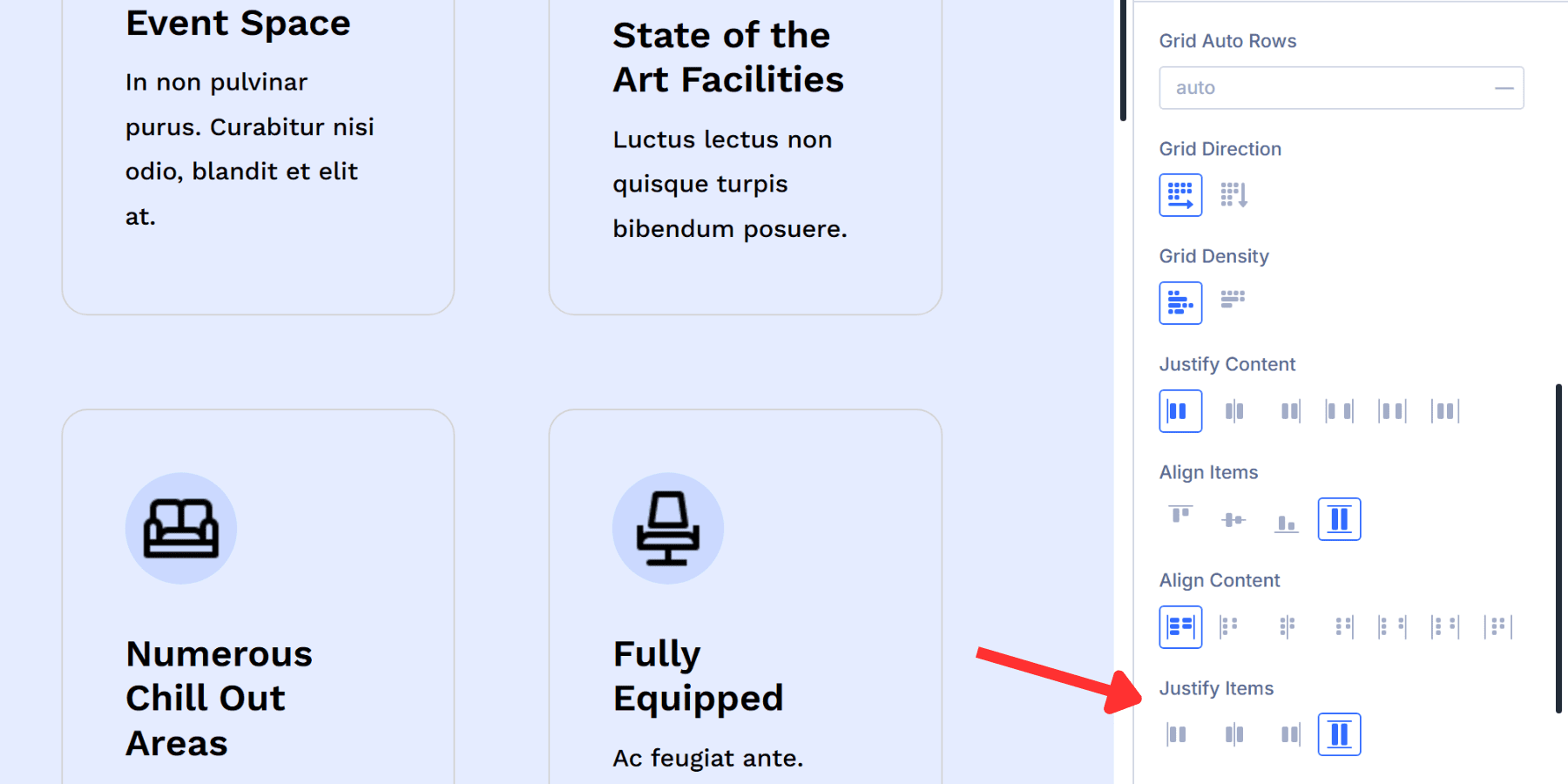 A screenshot of the justify items option in Divi 5's grid options