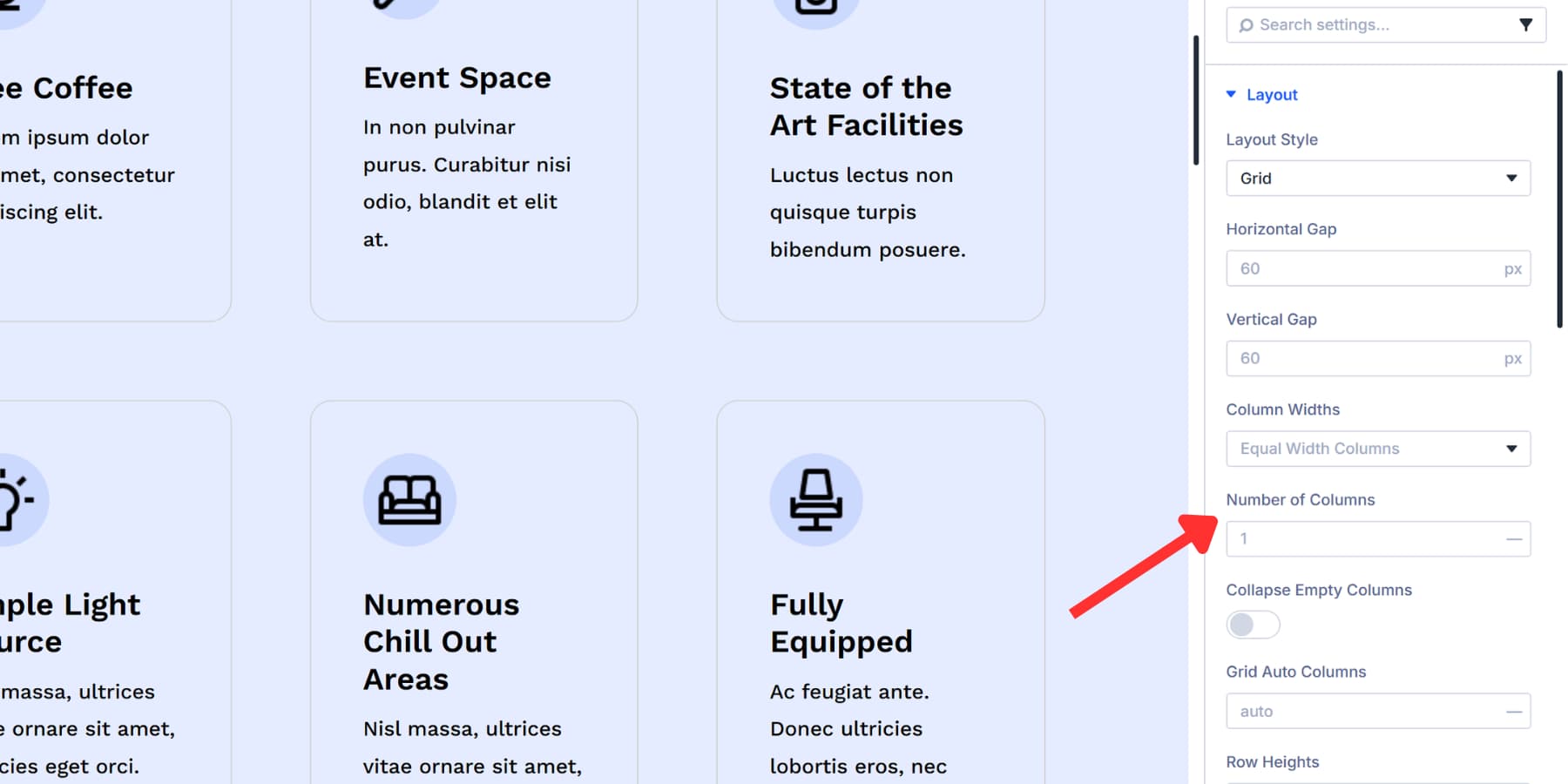 A screenshot of the number of columns option in Divi 5's grid options