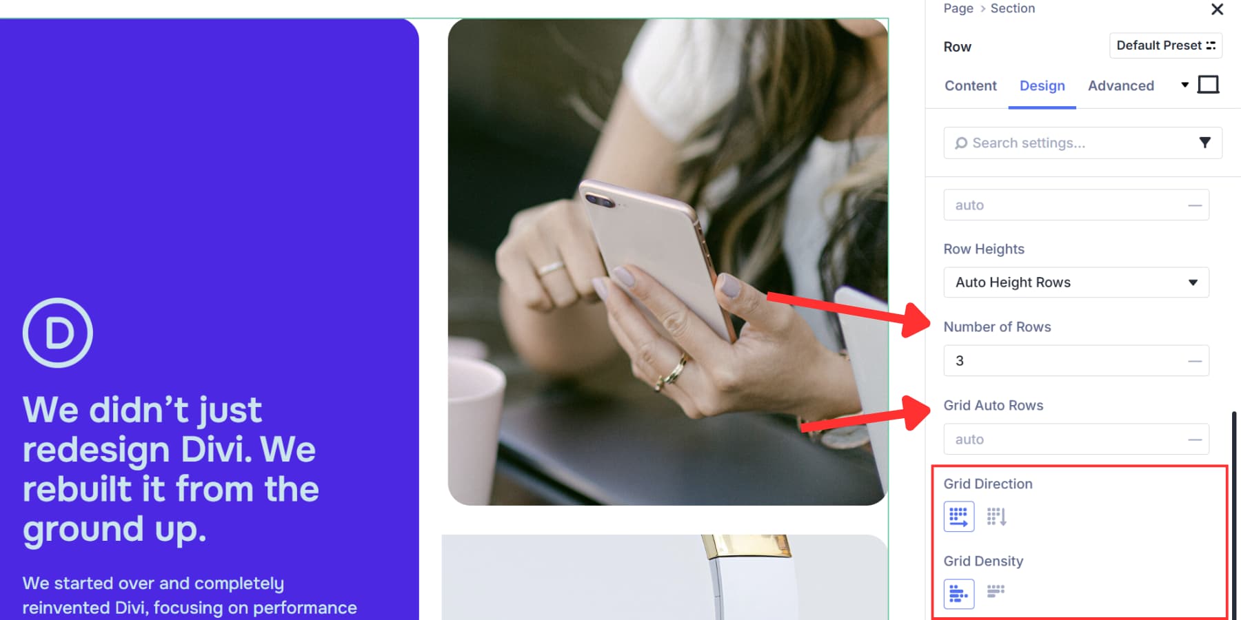 A screenshot of the number of rows, grid auto rows, grid direction and density options in Divi 5