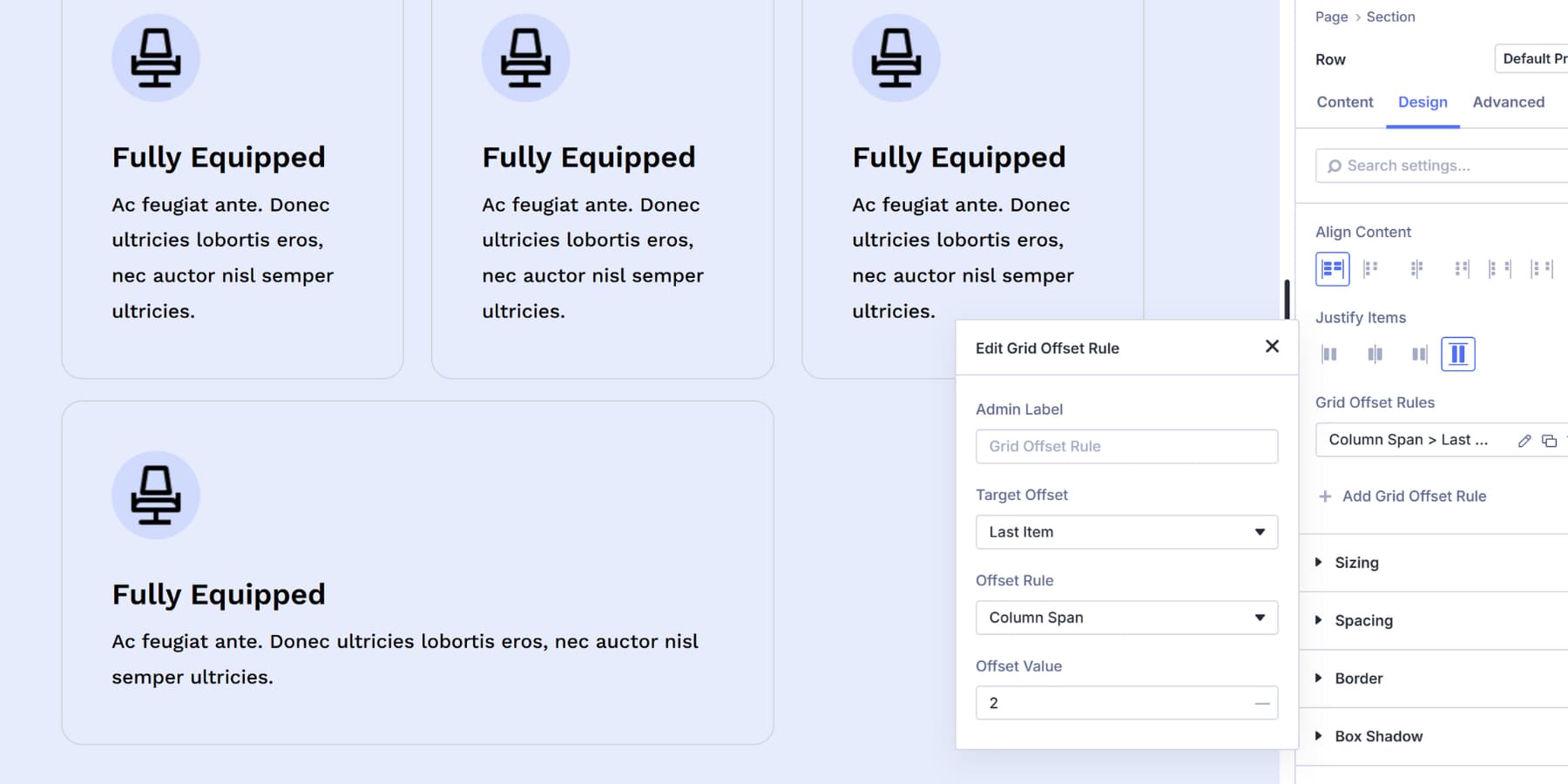 A screenshot of the offset rule results in Divi 5