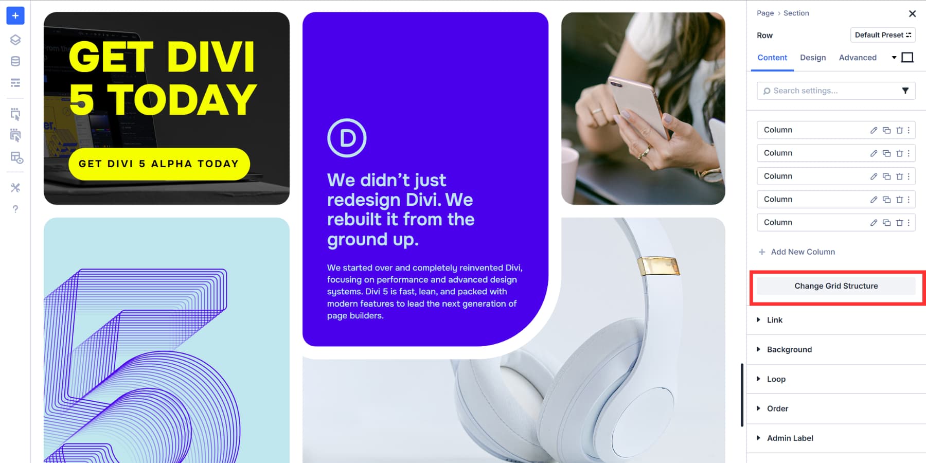 A screenshot of where to find the change grid structure option in Divi 5