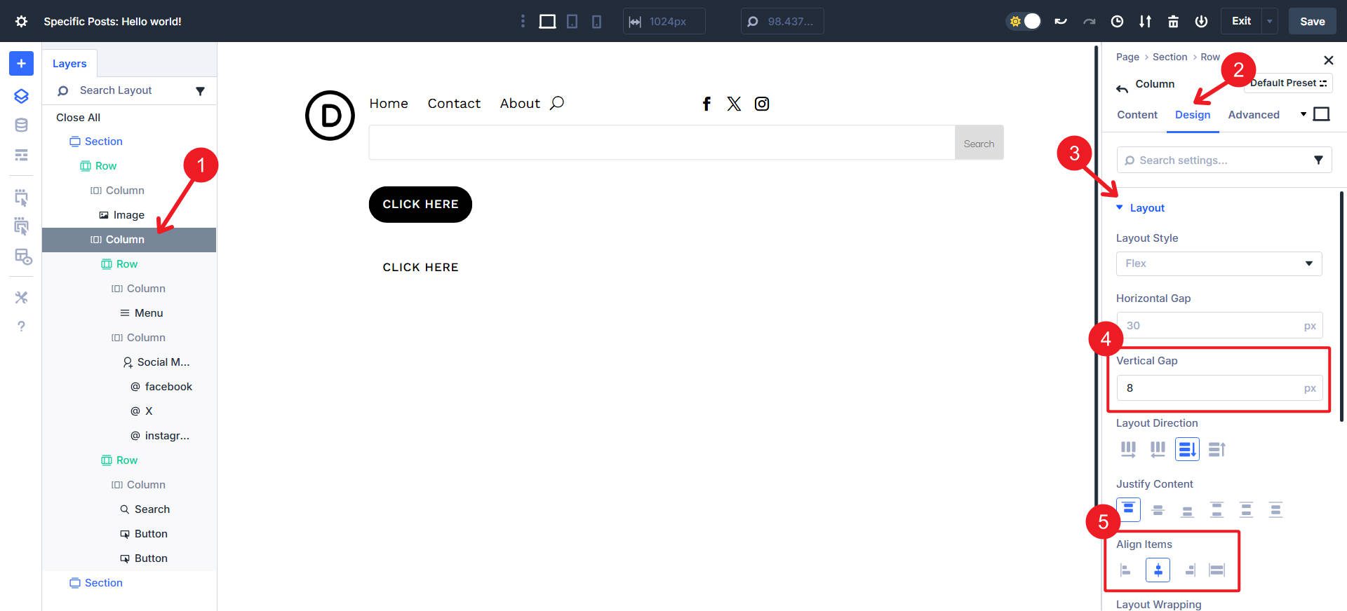 Column two in parent row set to align items center and vert gap 8px