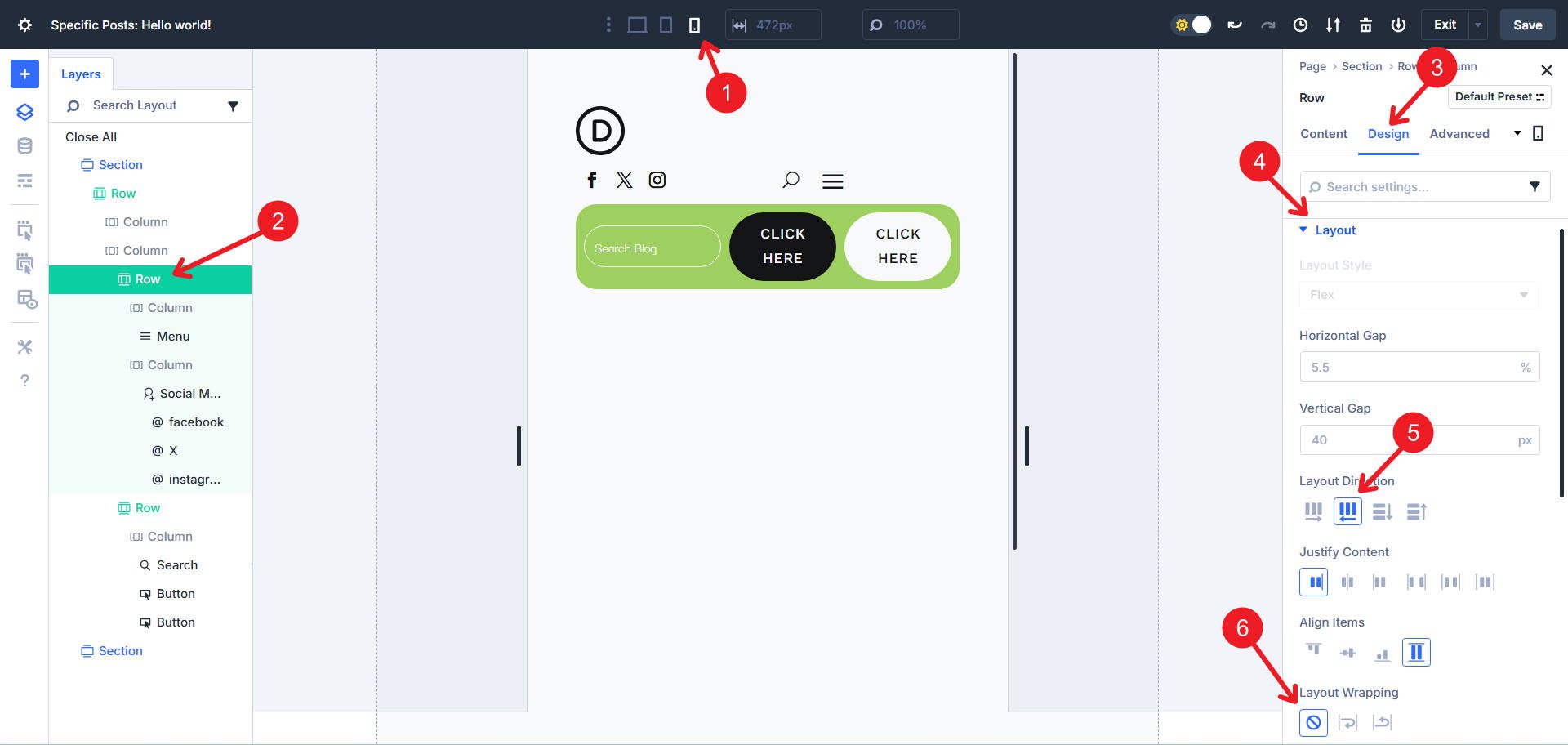 Set row reverse and no wrap on first nested row