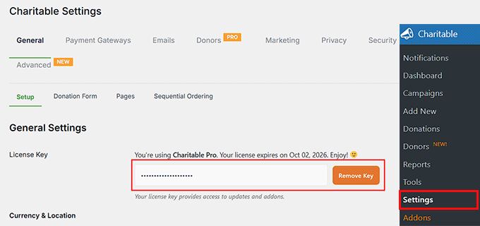 Add your Charitable license key in the field