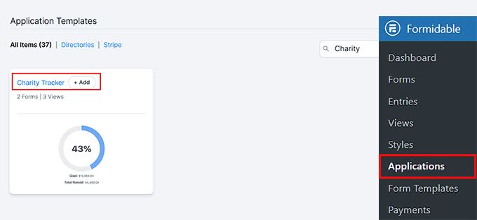 Add the Charity Tracker application in Formidable Forms