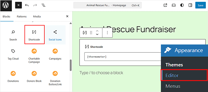 Add fundraising thermometer shortcode in the FSE