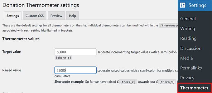 Add target and raised value for your fundraising thermometer