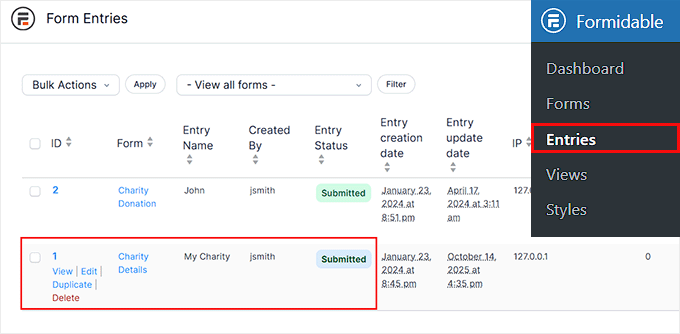 Click Edit link under Charity Details in Formidable Forms