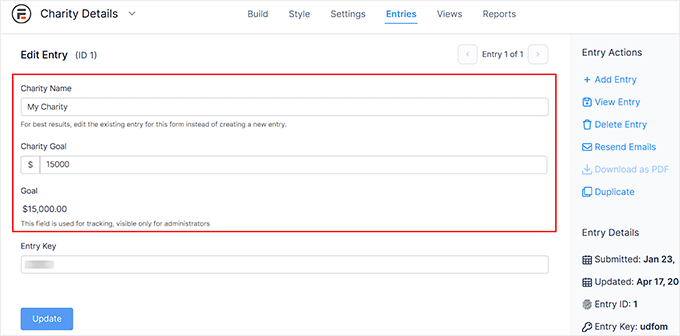 Configure charity goal in Formidable Forms