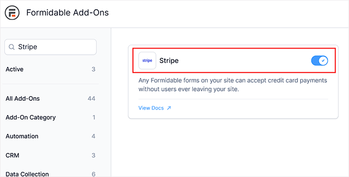 Install the Stripe addon in Formidable Forms