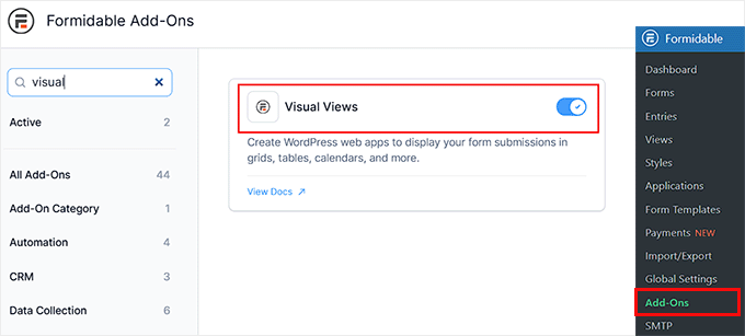 Install the Visual Views addon in Formidable Forms