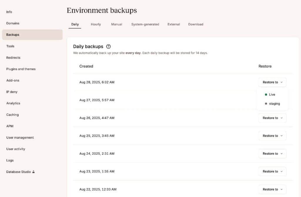 A list of automatic backups in the MyKinsta dashboard.