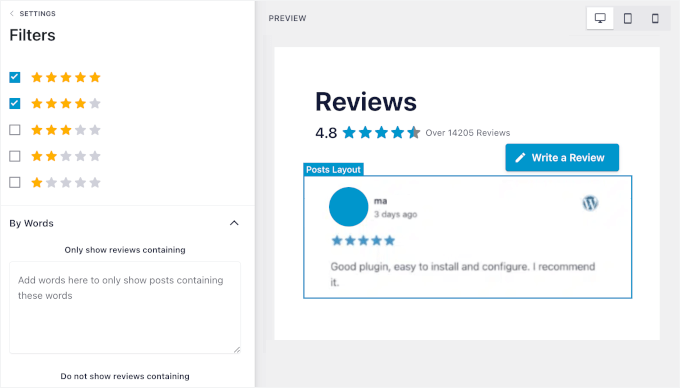 Reviews Feed's filtering options