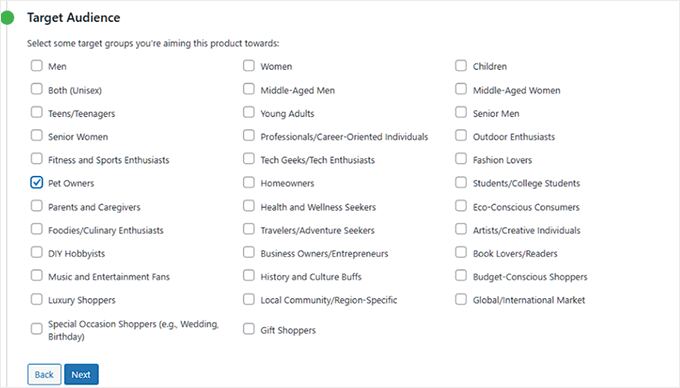 Select a target audience for your product in StoreAgent