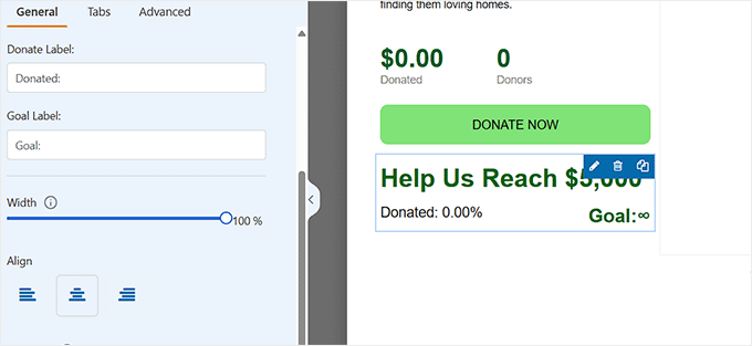 Set Goal Label for fundraising thermometer in Charitable