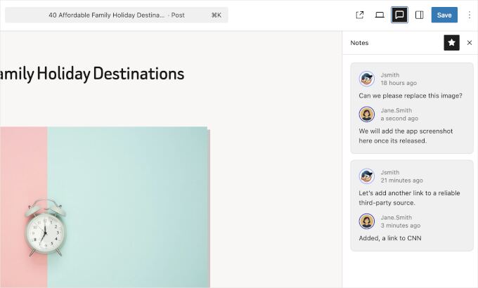 Viewing all notes in the notes panel sidebar