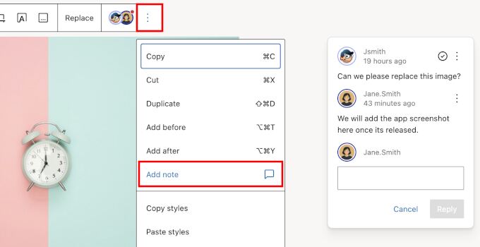 Adding a note to a specific block in the WordPress editor