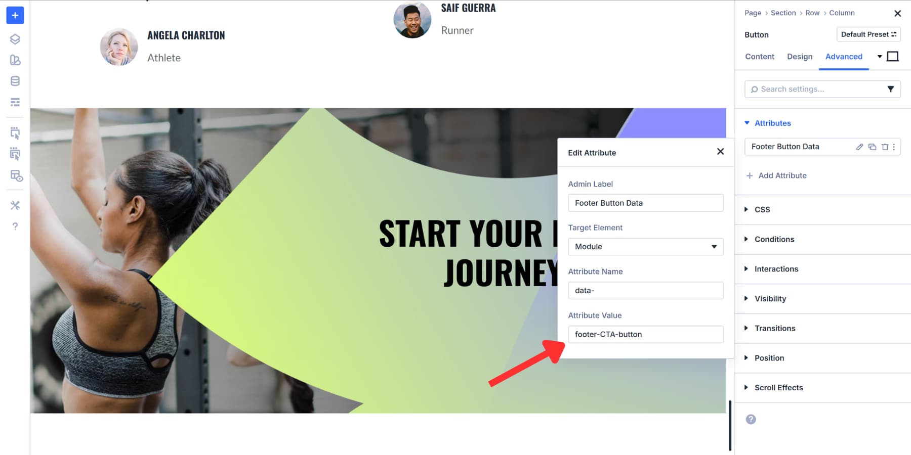 A screenshot of adding a data- value as an attribute to a button in Divi 5