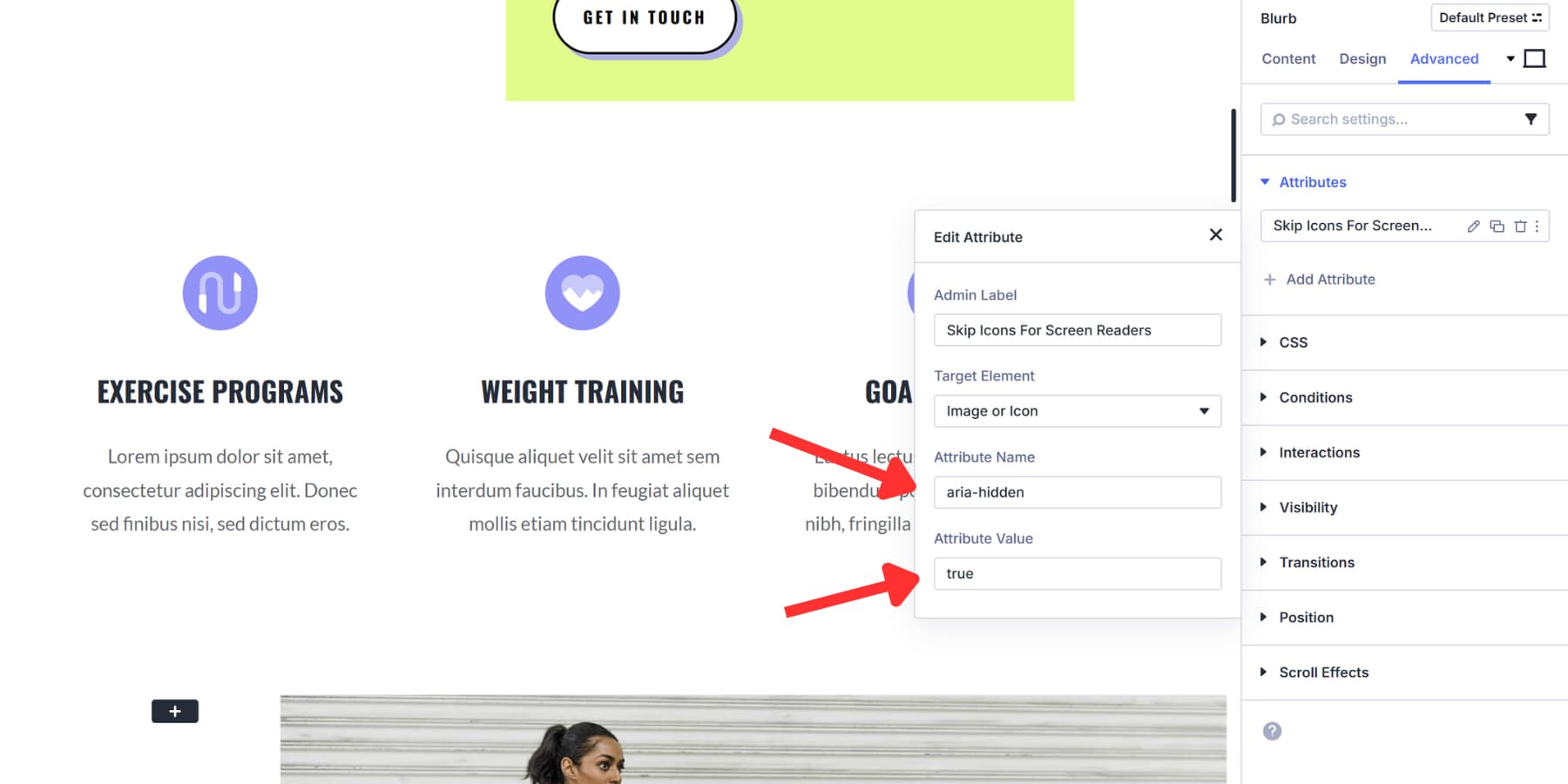 A screenshot of adding an aria-hidden to a decorative icon in Divi 5