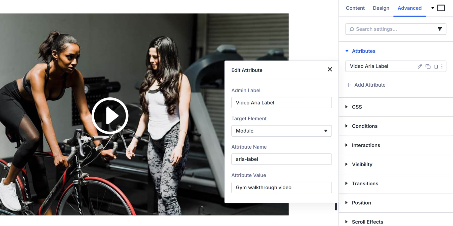 A screenshot of example attributes applied to a video module in Divi 5