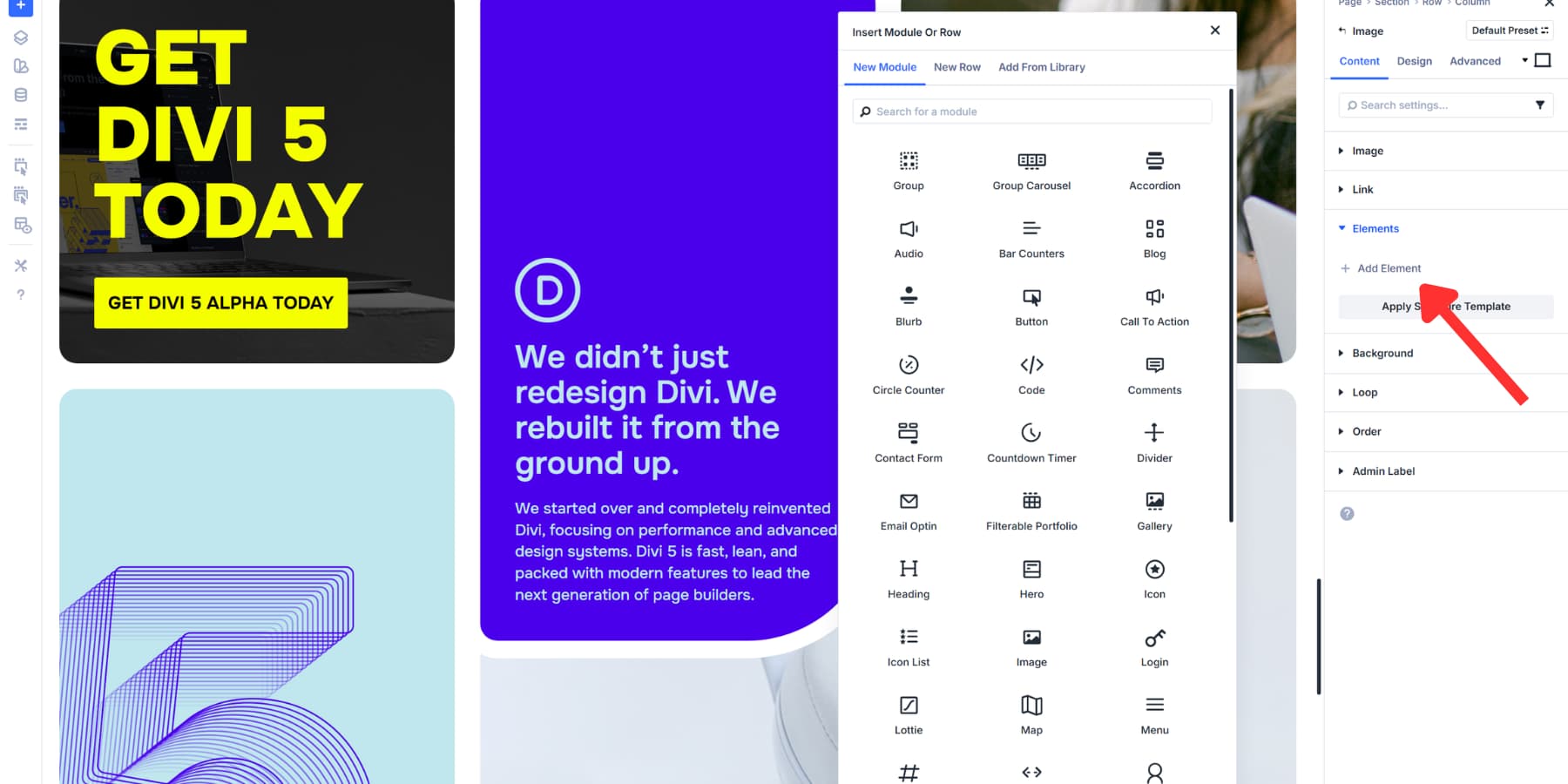 A screenshot of the Adding modules or rows using the Elements tab in Divi 5