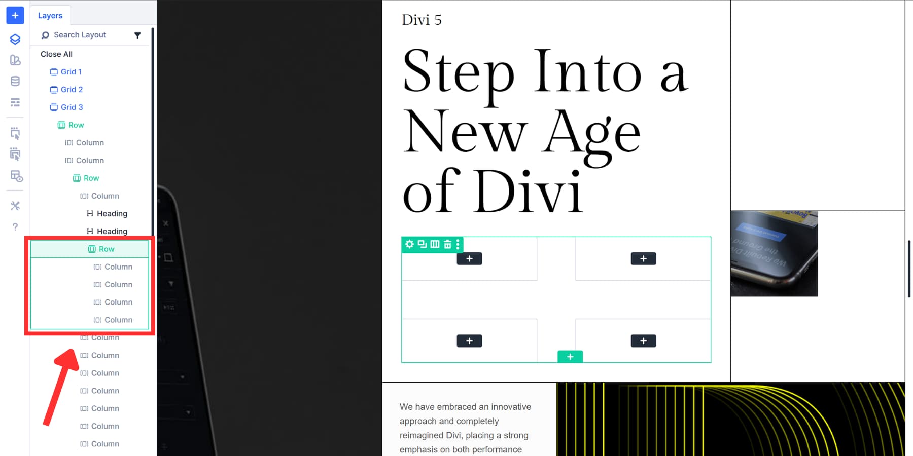 A screenshot of the layers panel showing the row nesting for easier navigation