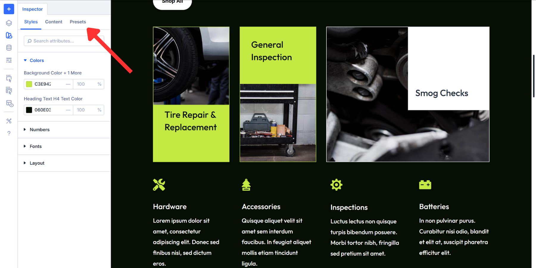 A screenshot of the panels within the inspector