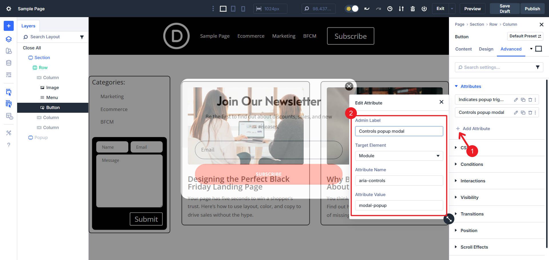 Add aria-controls with modal id attribute to trigger button