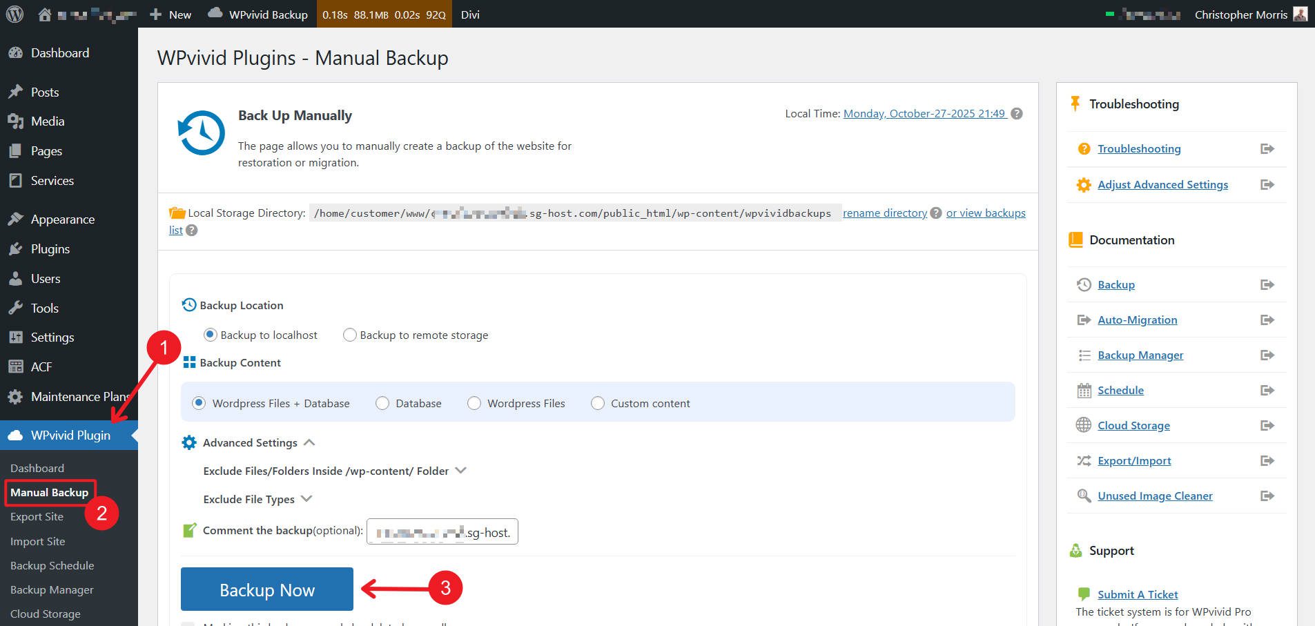 Example of Creating a WordPress backup with WPVivid