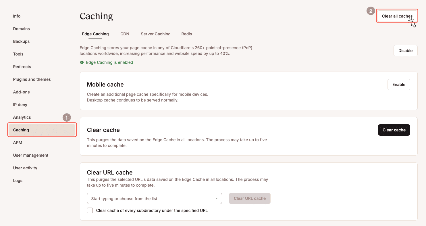 Clear all caches in MyKinsta