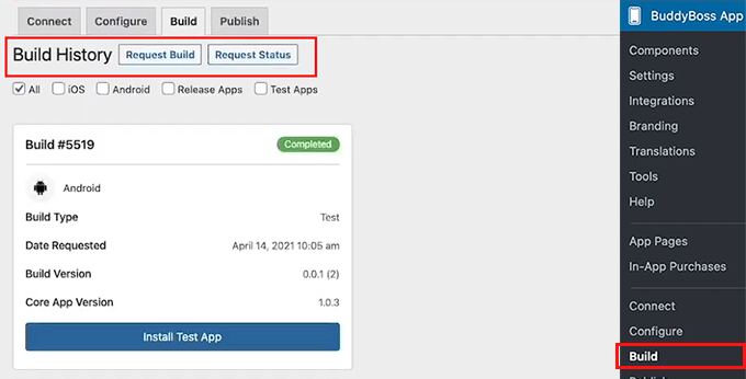 Click the Request Build button in the BuddyBoss App