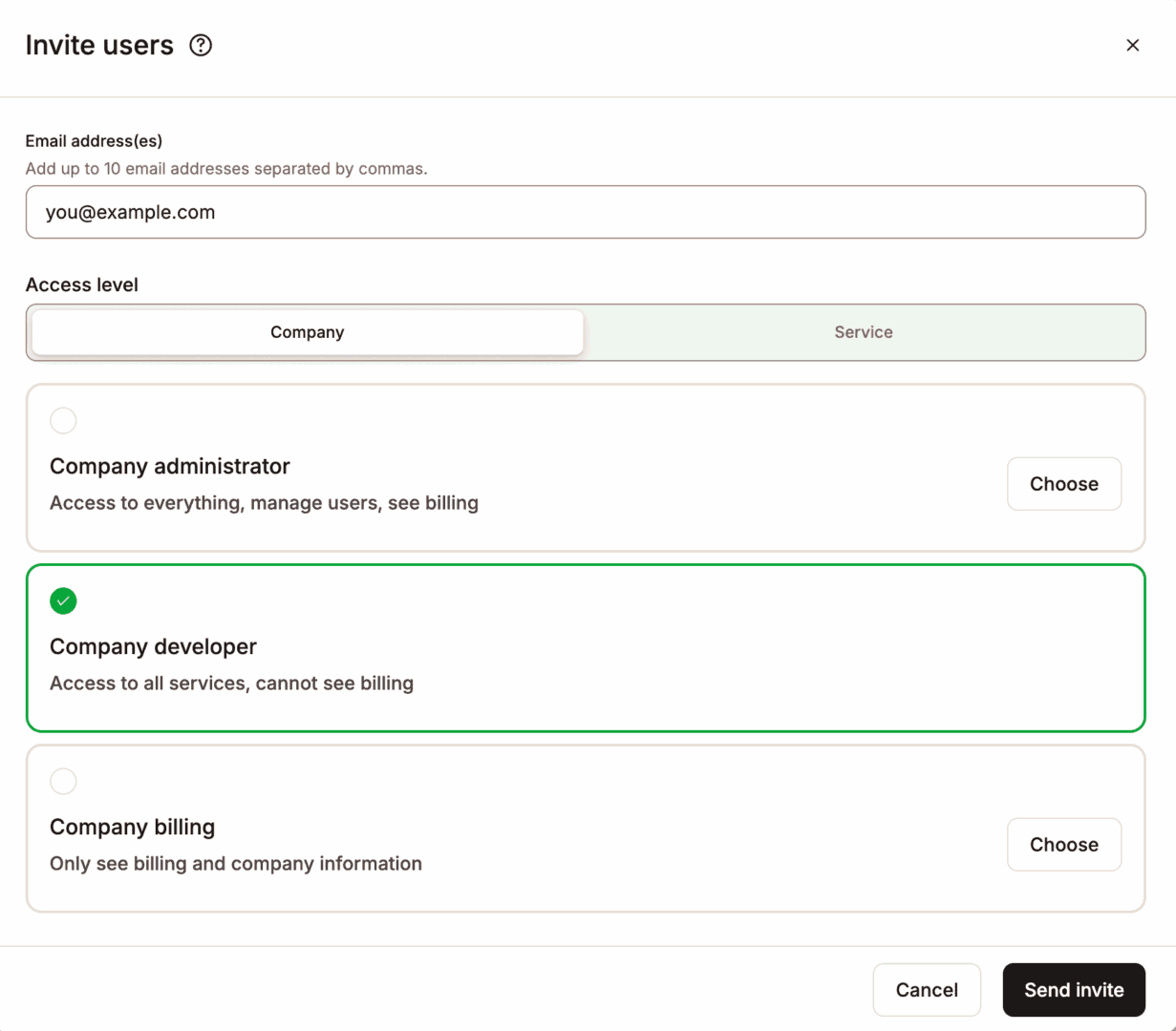 Adding a user as Company developer in MyKinsta.