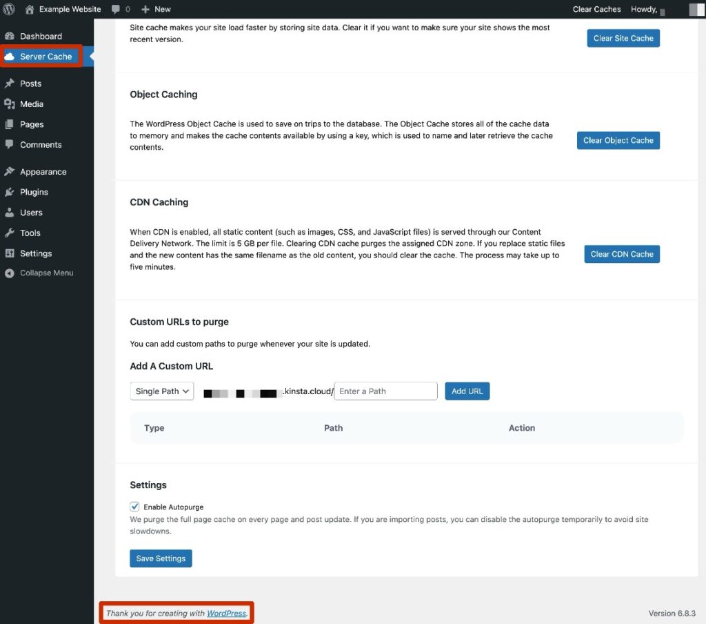 The WordPress dashboard with white-labeling enabled in the Kinsta MU plugin