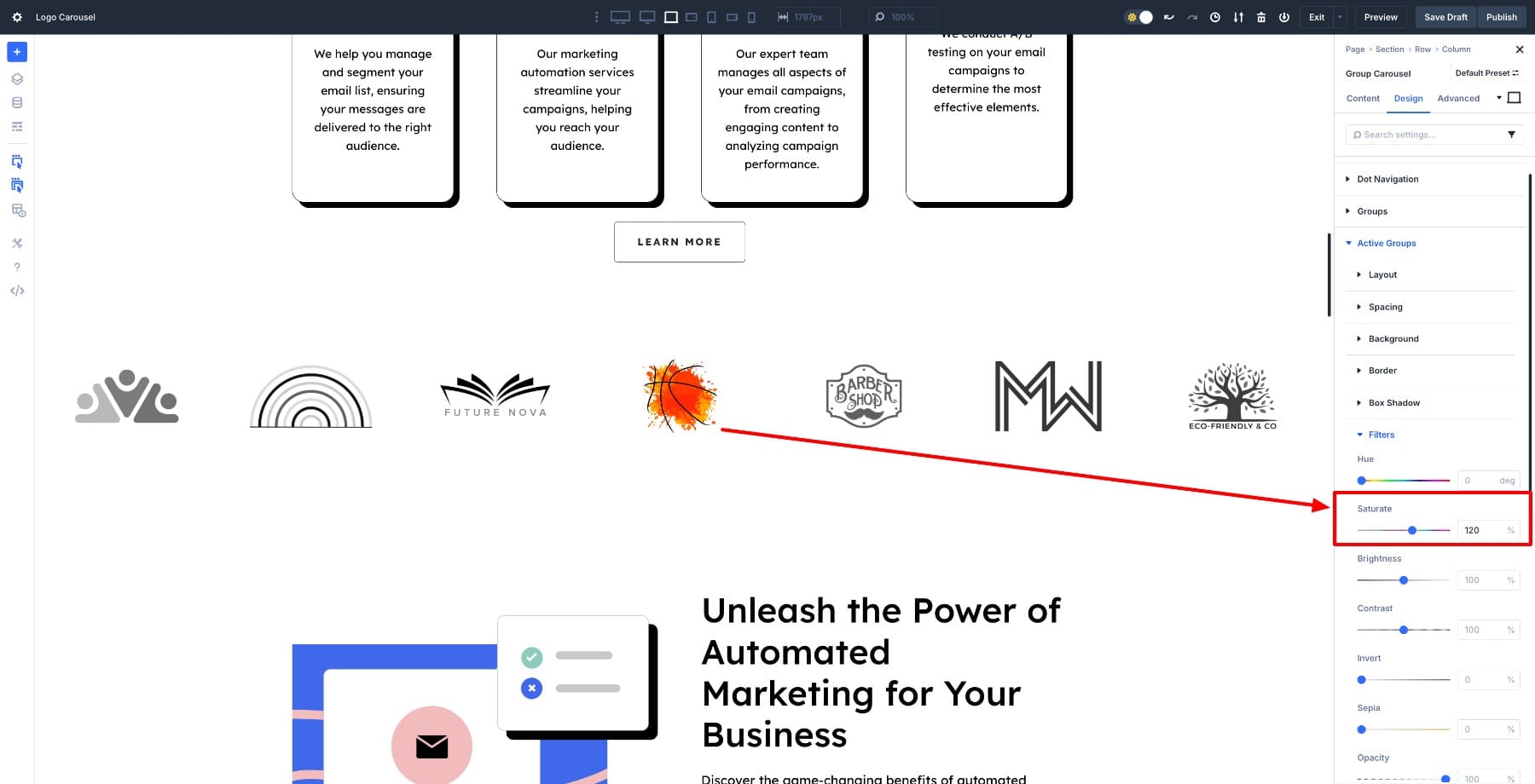 saturate to 120% for the active group