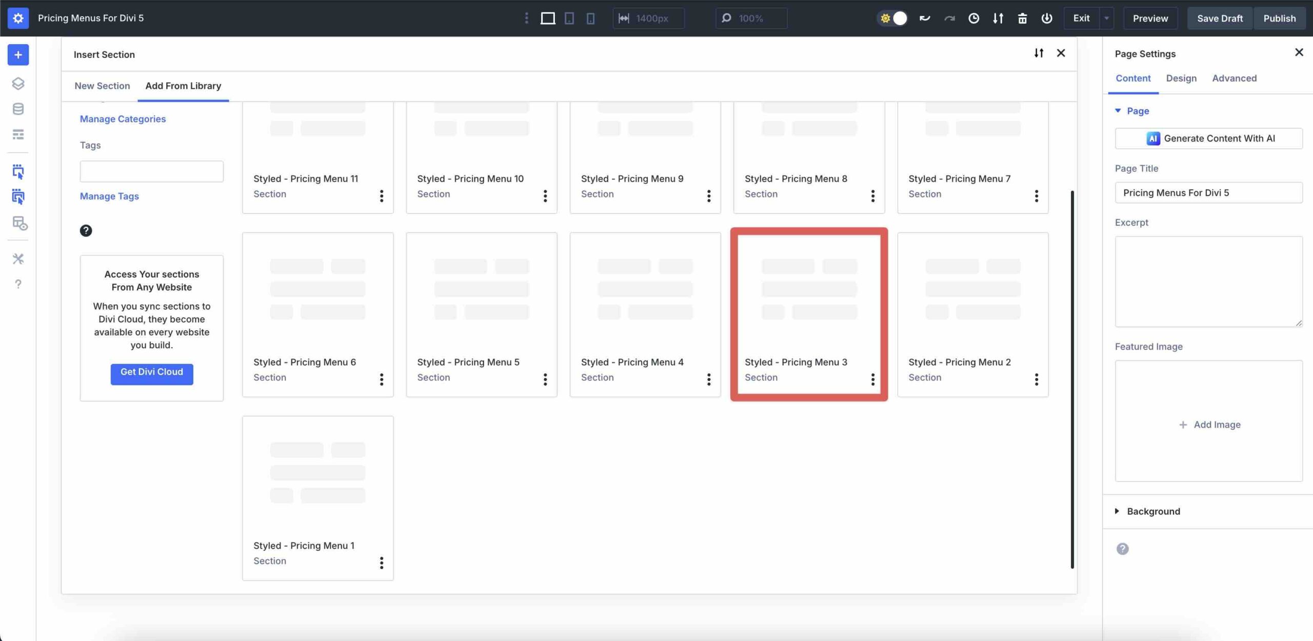 Pricing Menus For Divi 5