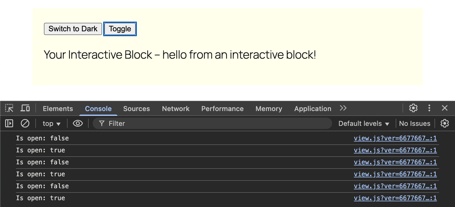 A message in the console informs the user of the change in the Local context.
