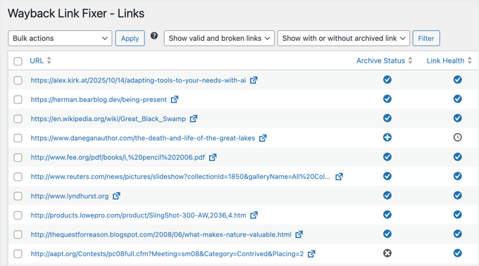 Wayback Link Fixer Links Page