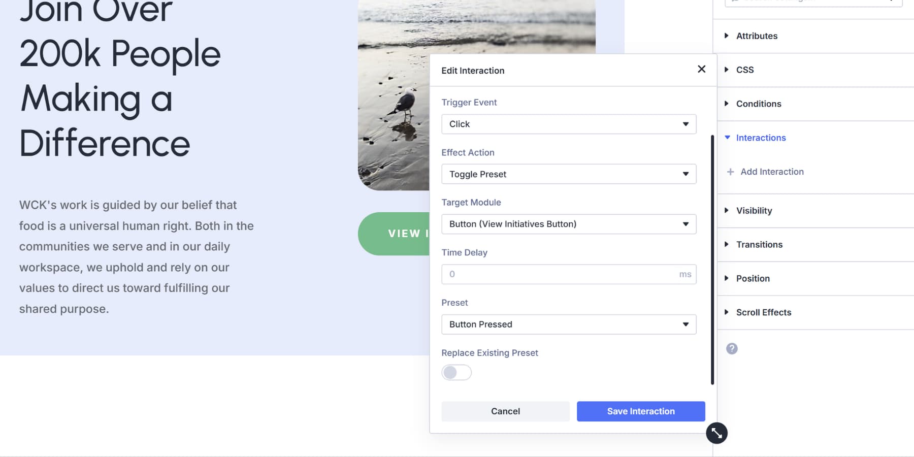 A screenshot of adding a button pressed interactions in Divi 5