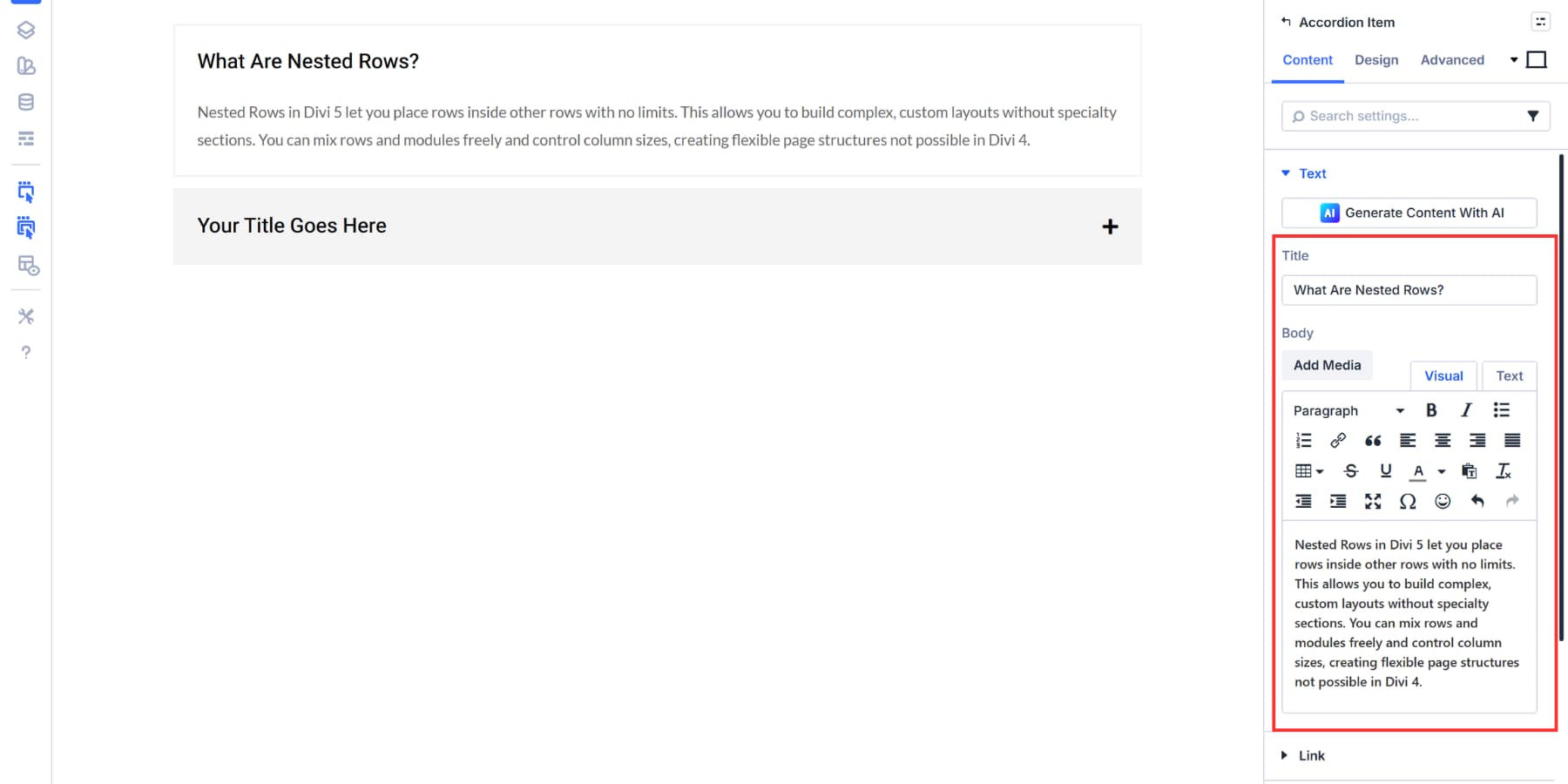 A screenshot of adding a question and an answer to Divi 5's accordion module