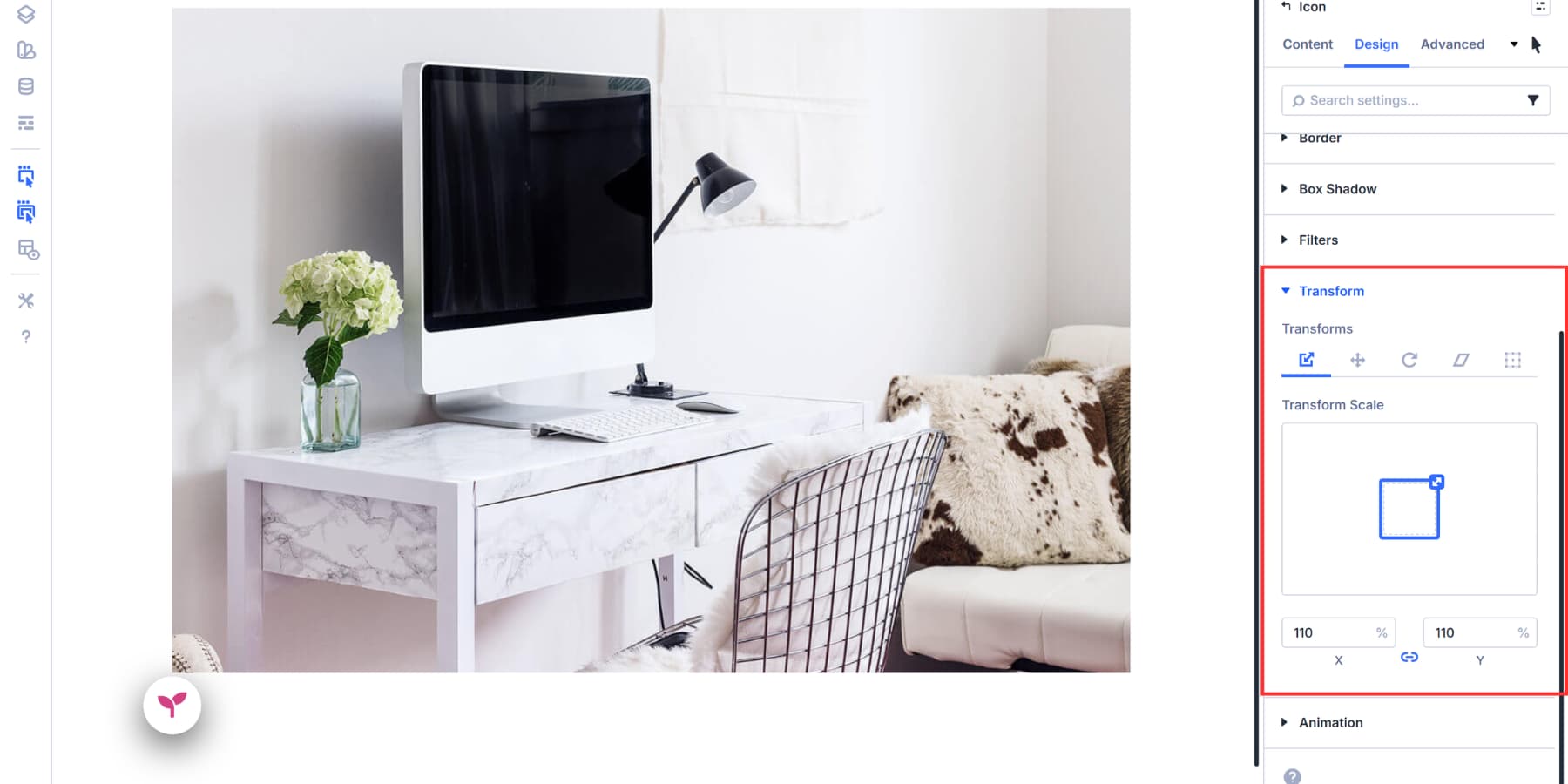 A screenshot of adding a transform effect to a hotspot marker in hover state in Divi 5