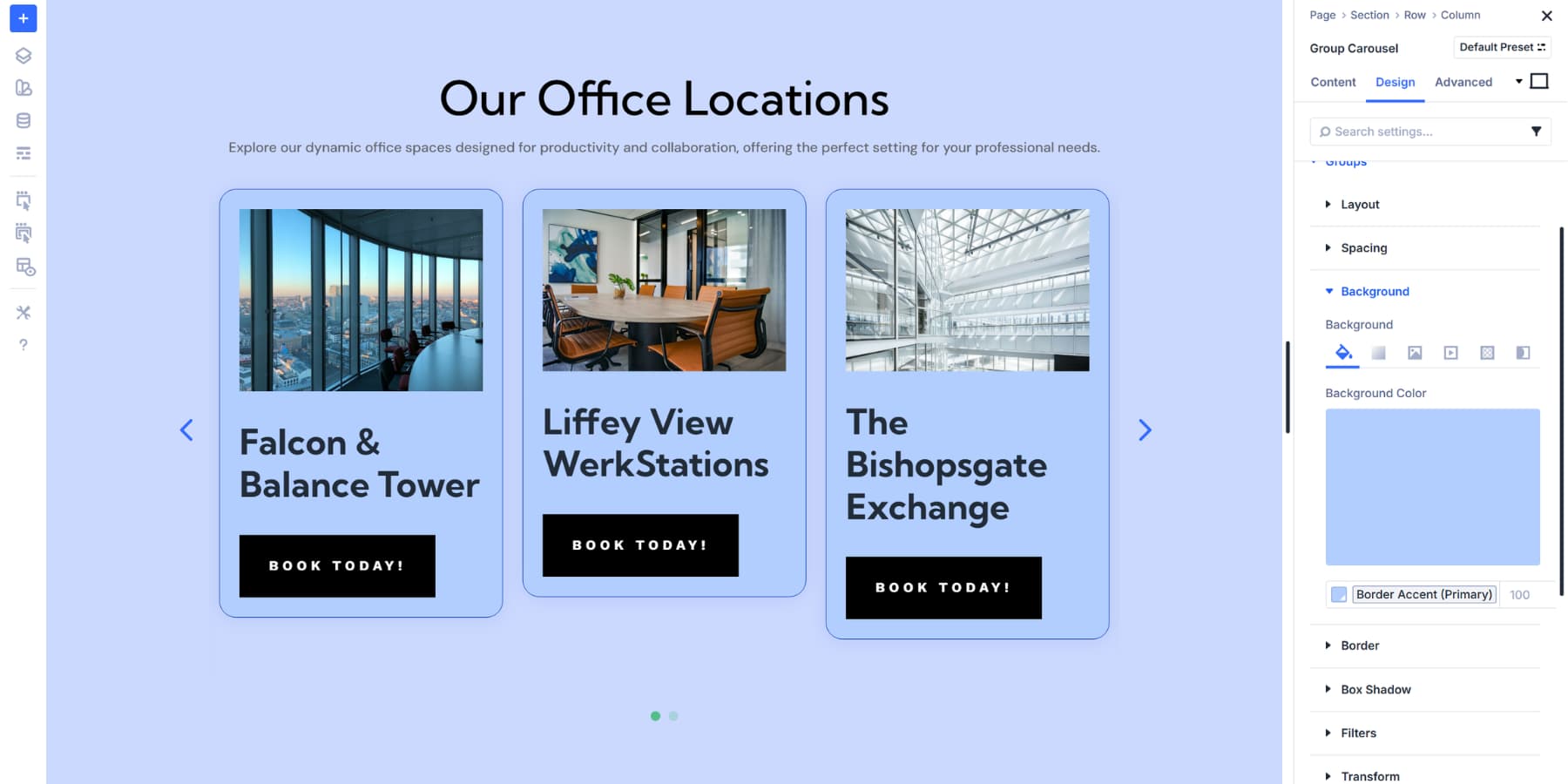A screenshot of applying background color to a group from the background options inside the group design options under the Design tab of Divi 5's group carousel settings
