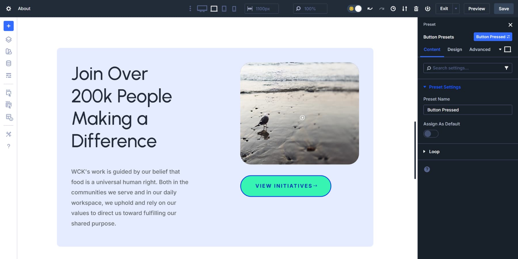 A screenshot of creating an element preset for a pressed state for a button in Divi 5