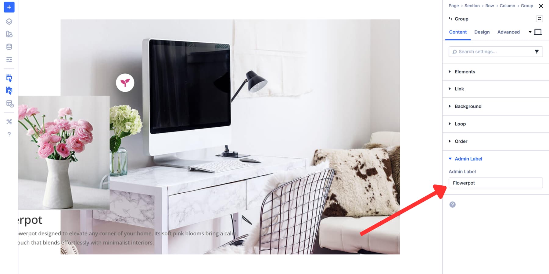 A screenshot of setting an Admin Label for the content group in Divi 5