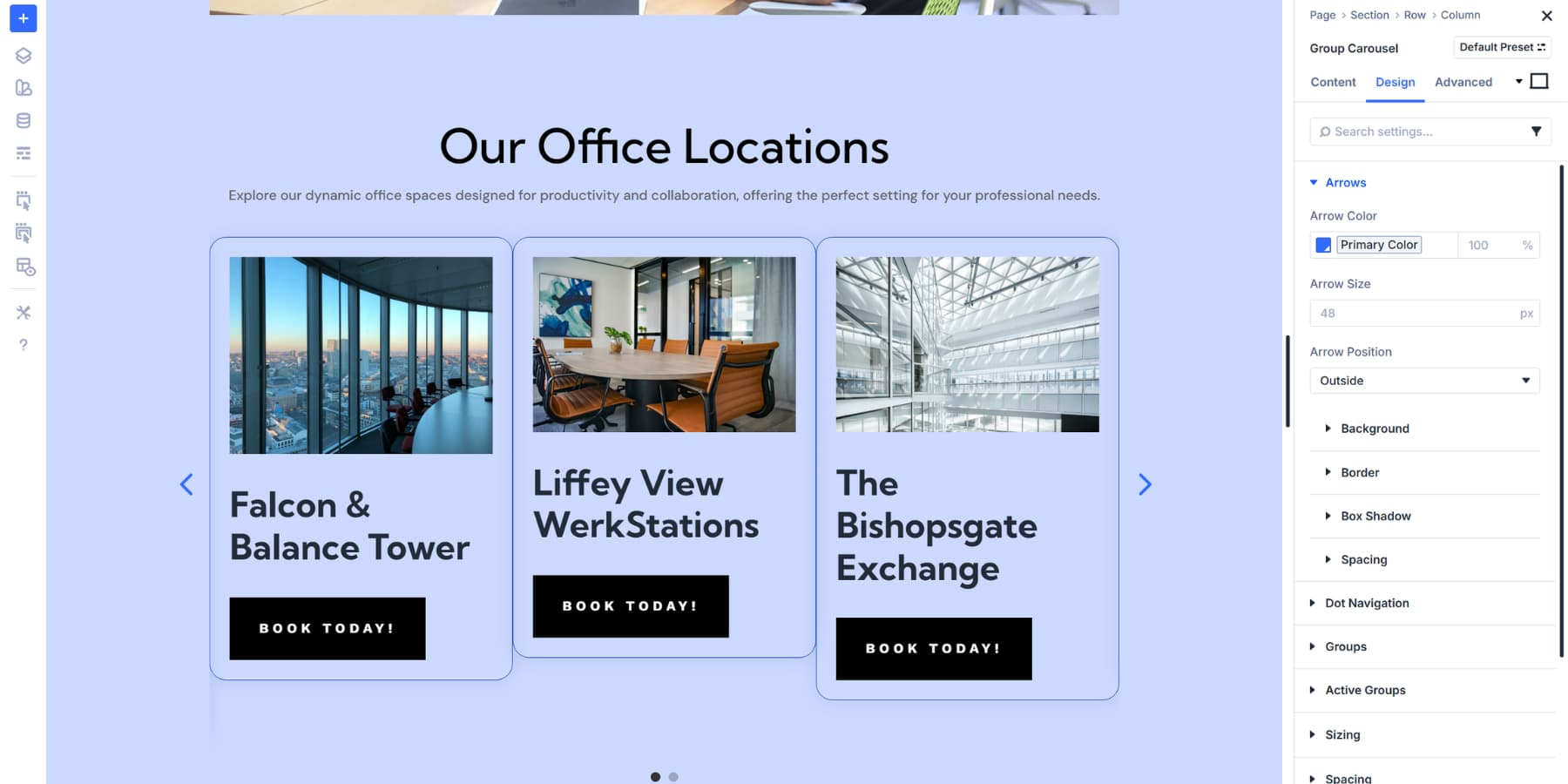 A screenshot of the arrow design options available within Group Carousel design tab