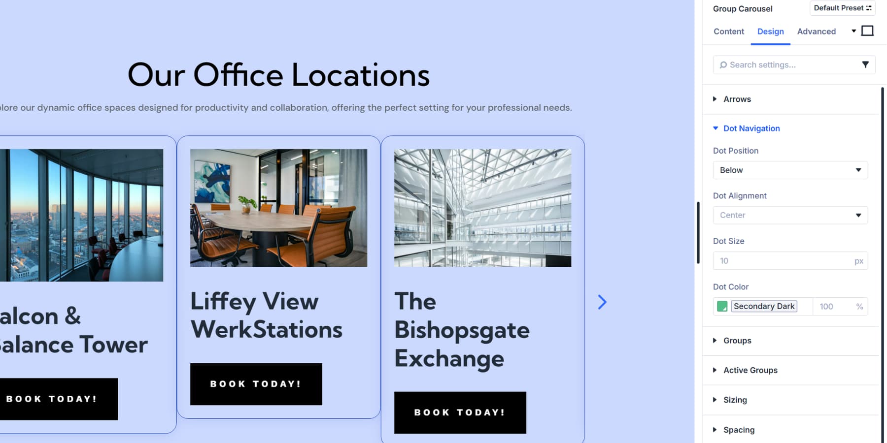A screenshot of the dot navigation design options available under the Design tab of Divi 5's group carousel settings