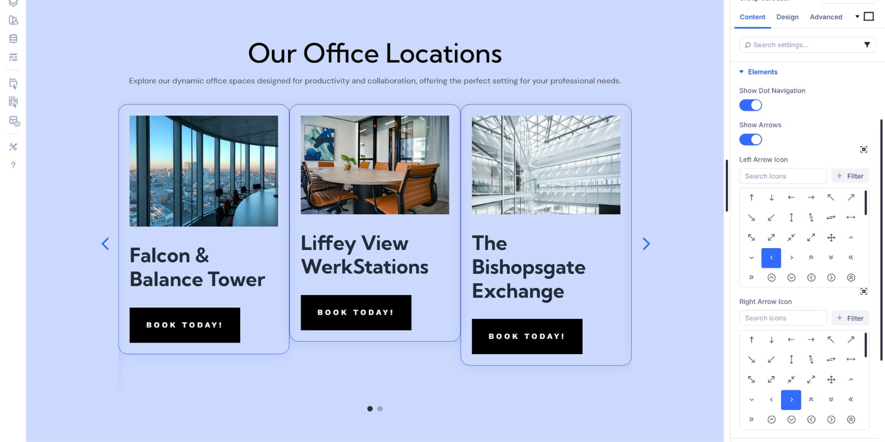 A screenshot of the elements tab in Divi 5's group carousel module settings