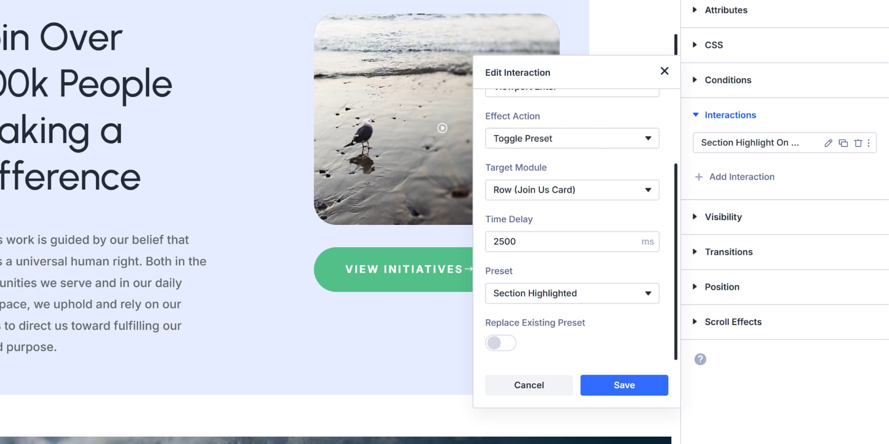 A screenshot of the preset selection for viewport enter interaction with Divi 5