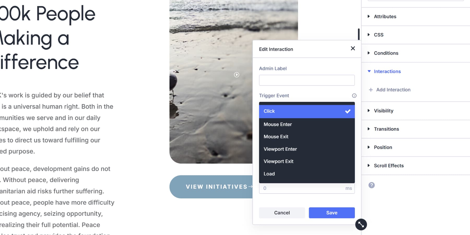 A screenshot of the triggers available in Divi 5 Interactions